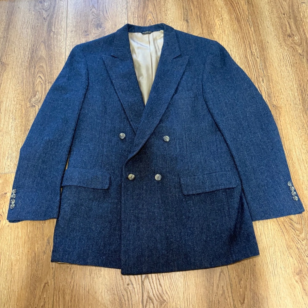 80s Jacobsons Mens 46R Blue Tweed Wool Double Breasted Blazer Coat USA Union VTG